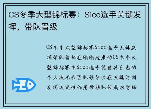 CS冬季大型锦标赛：Sico选手关键发挥，带队晋级