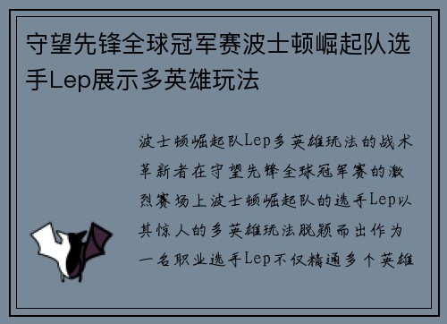 守望先锋全球冠军赛波士顿崛起队选手Lep展示多英雄玩法