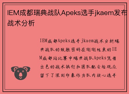 IEM成都瑞典战队Apeks选手jkaem发布战术分析