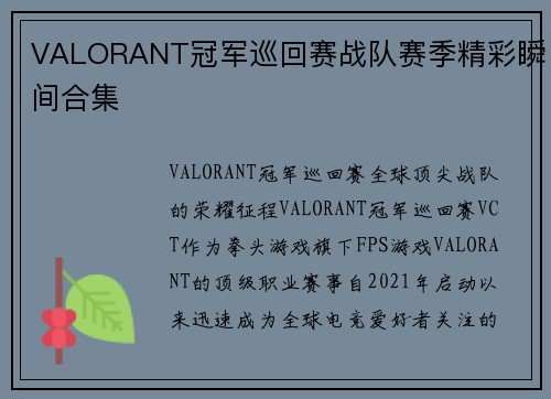 VALORANT冠军巡回赛战队赛季精彩瞬间合集